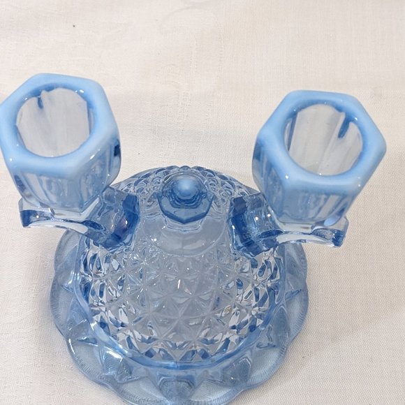 Pair of Vtg Depression Candle Holders Imperial Glass Katy Blu Lace Edge - Picture 4 of 9